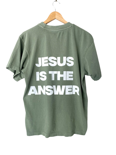 JESUS IS THE ANSWER VINTAGE PINE SLEEVE T-SHIRT