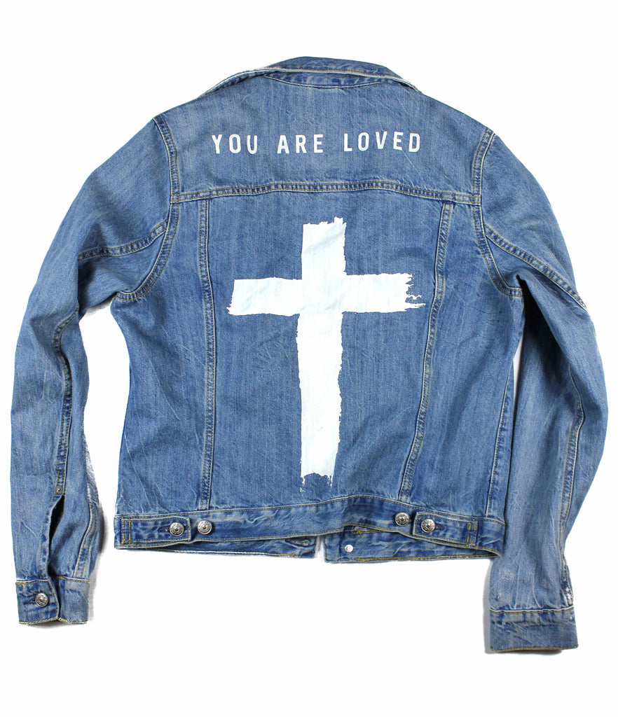 YOU ARE LOVED CROSS DISTRESSED DENIM JACKET