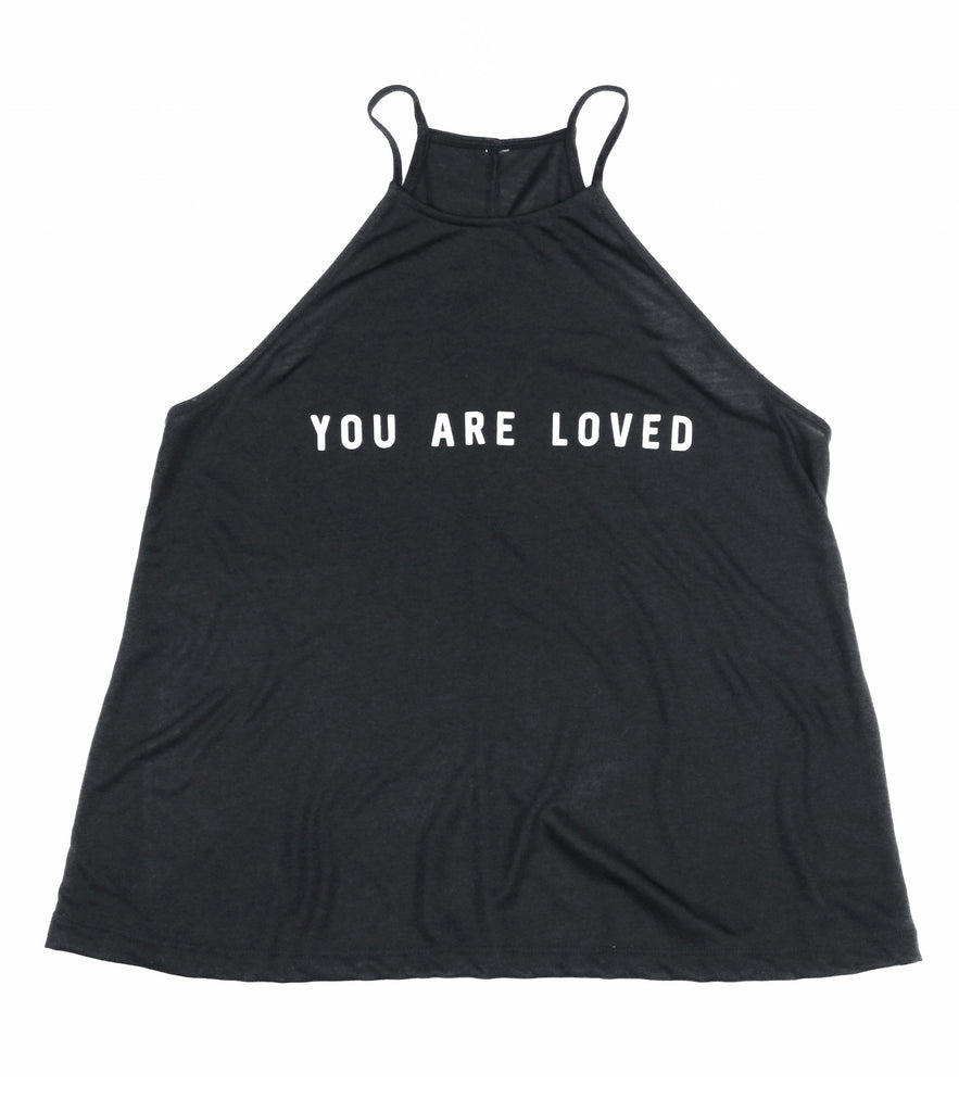YOU ARE LOVED BLACK WOMEN'S FLOWY HIGH NECK TANK