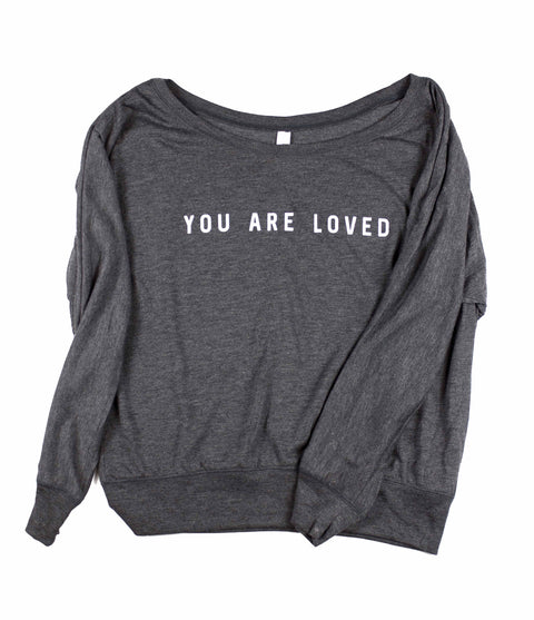YOU ARE LOVED WOMEN'S GREY OFF THE SHOULDER FLOWY LONG-SLEEVE