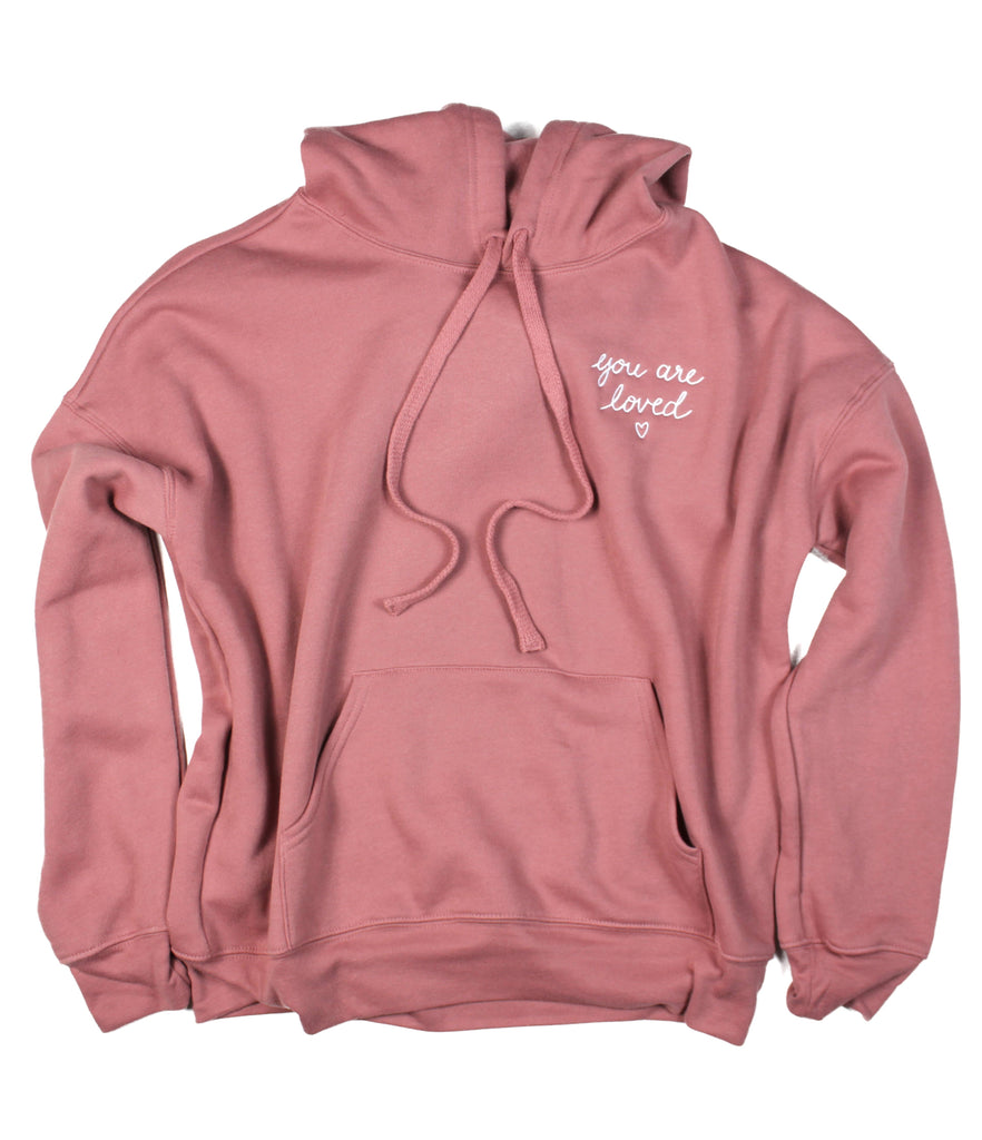 YOU ARE LOVED EMBROIDERED SCRIPT MAUVE HOODIE