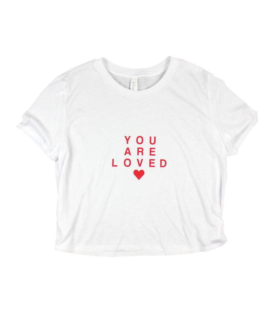 YOU ARE LOVED RED LETTER WHITE WOMEN'S FLOWY CROPPED TEE