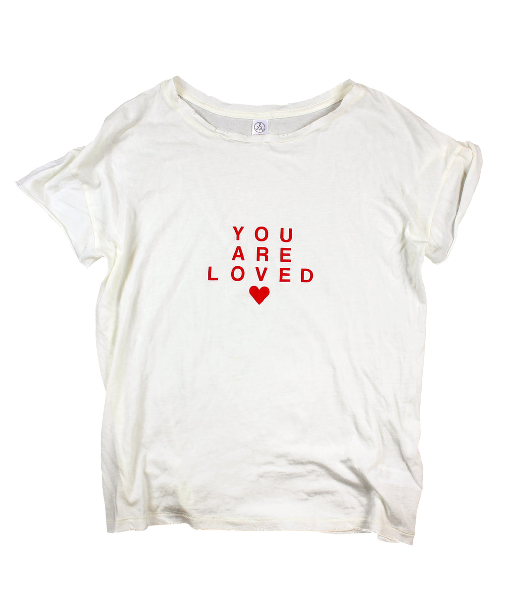YOU ARE LOVED OFF-WHITE DISTRESSED WOMEN'S FITTED T-SHIRT