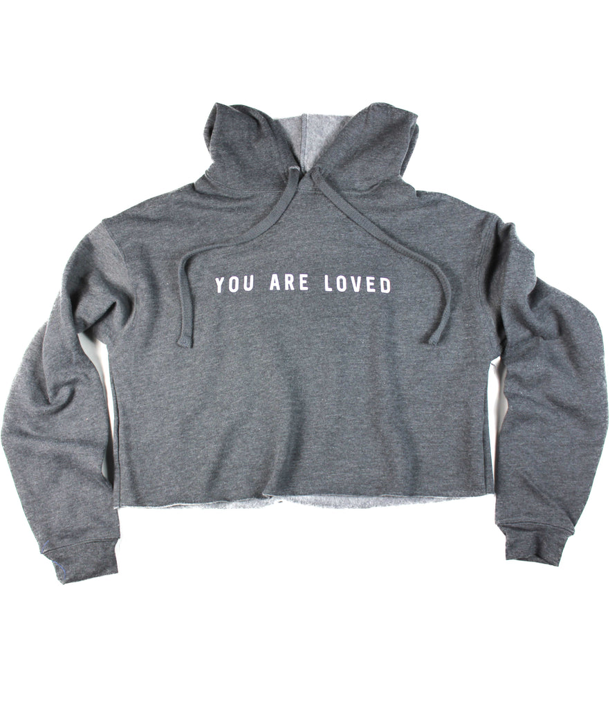 YOU ARE LOVED DARK HEATHER GRAY CROPPED HOODIE