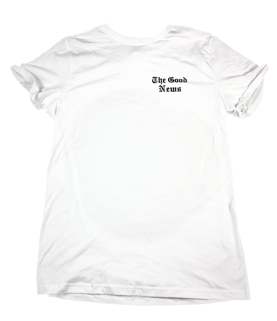 THE GOOD NEWS WHITE ROLLED SLEEVE T-SHIRT