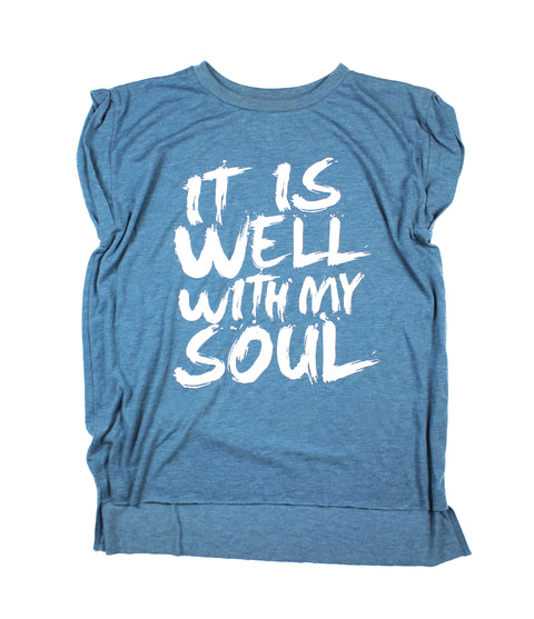 IT IS WELL HEATHER TEAL WOMEN'S ROLLED CUFF MUSCLE T-SHIRT