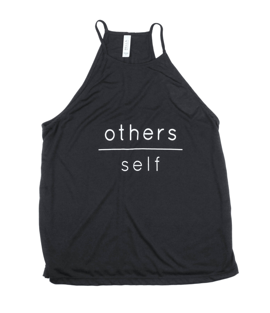 OTHERS OVER SELF BLACK WOMEN'S FLOWY HIGH NECK TANK