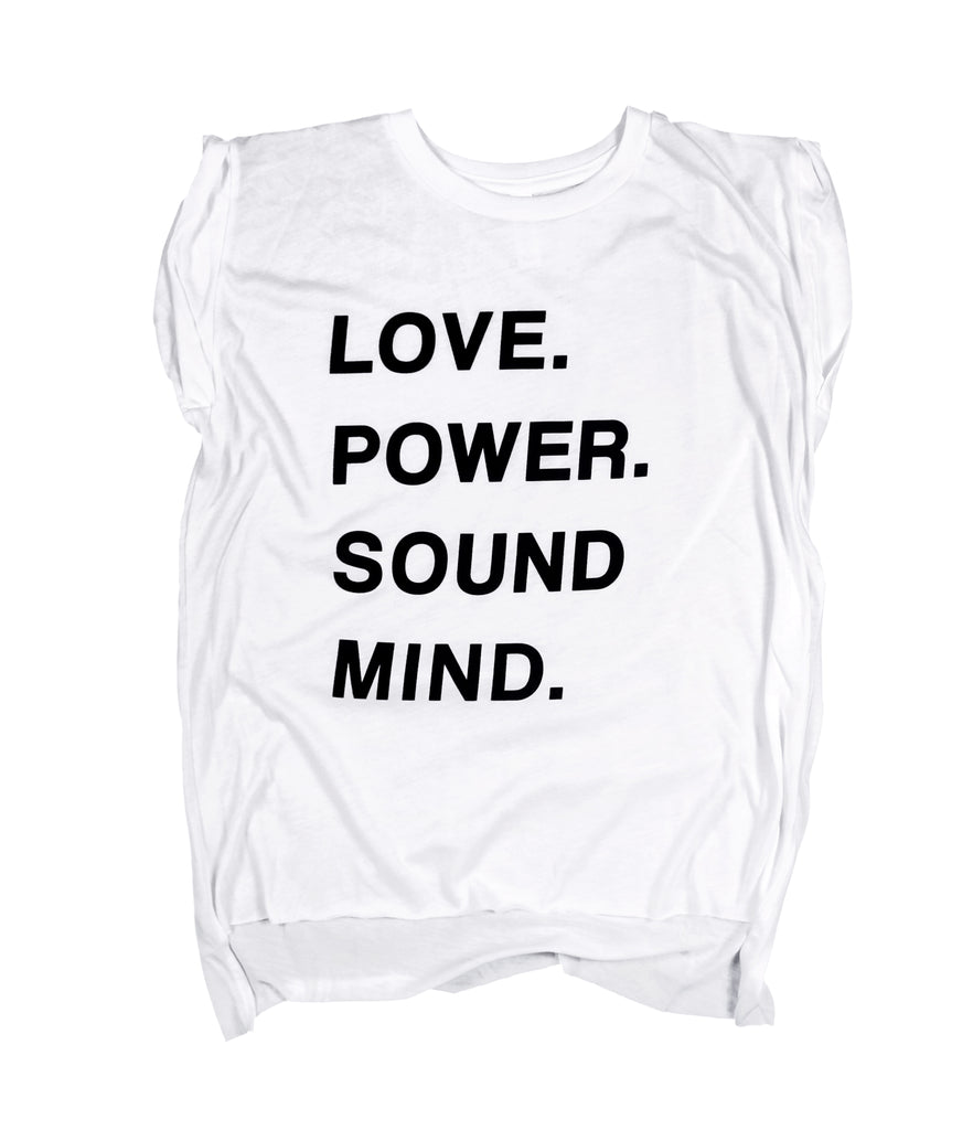 LOVE POWER SOUND MIND WHITE WOMEN'S ROLLED CUFF MUSCLE T-SHIRT