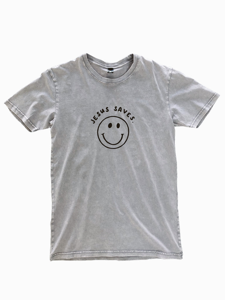 JESUS SAVES SMILEY FACE GREY MINERAL WASH SLEEVE T-SHIRT