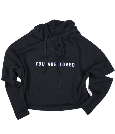 YOU ARE LOVED BLACK CUT-OUT FLEECE HOODIE