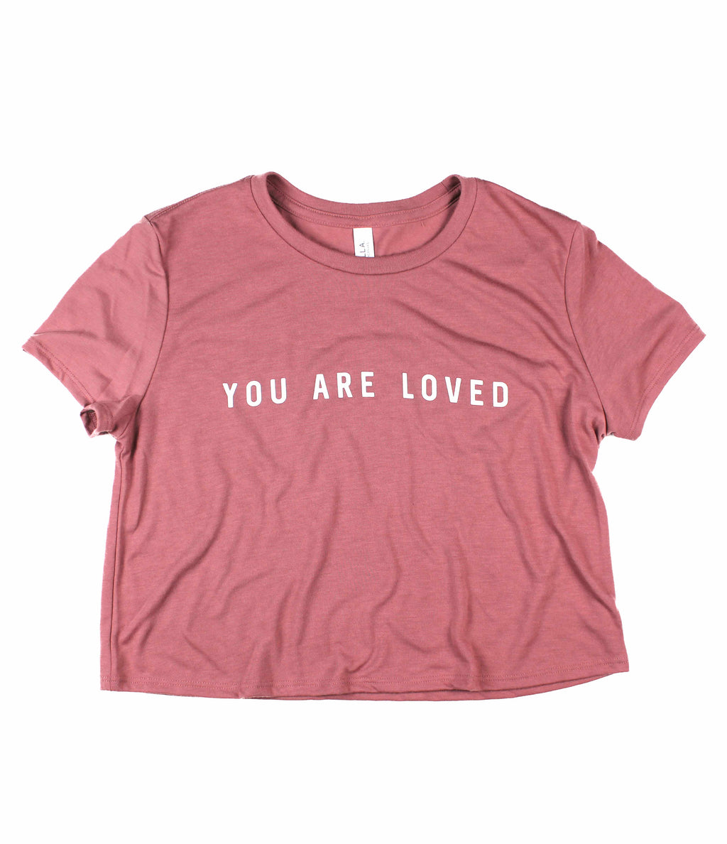 YOU ARE LOVED MAUVE WOMEN'S FLOWY CROPPED TEE