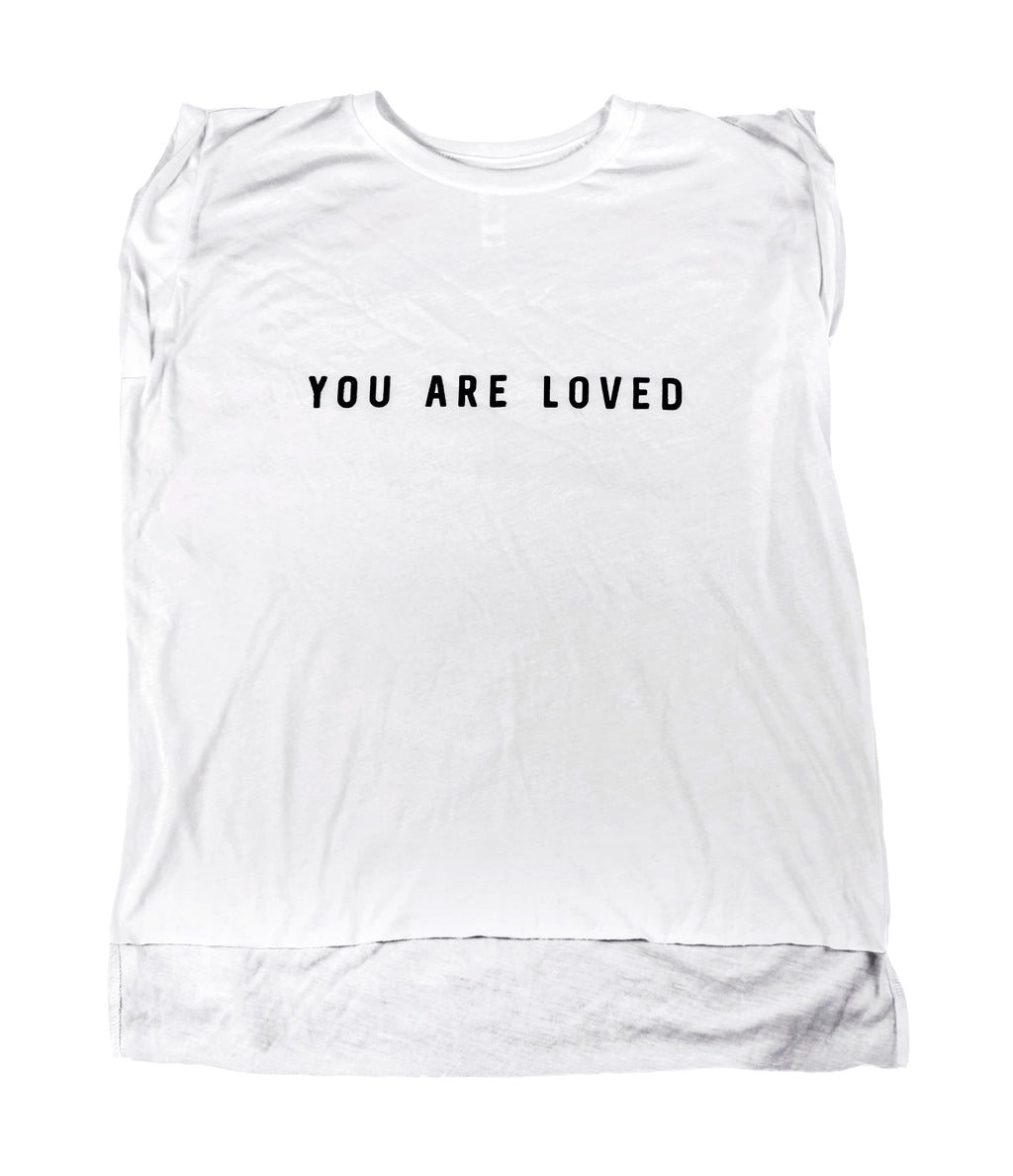 YOU ARE LOVED WHITE WOMEN'S ROLLED CUFF MUSCLE T-SHIRT