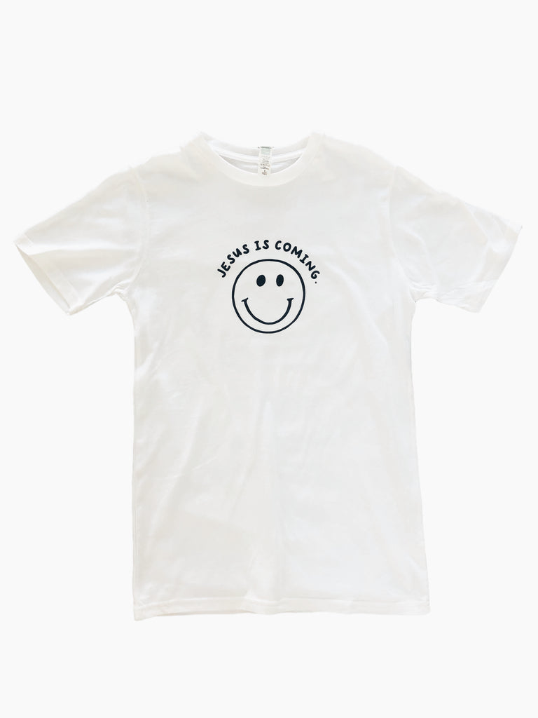 JESUS IS COMING SMILEY FACE WHITE SLEEVE T-SHIRT