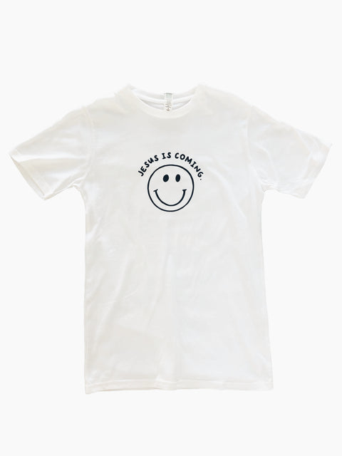 JESUS IS COMING SMILEY FACE WHITE SLEEVE T-SHIRT