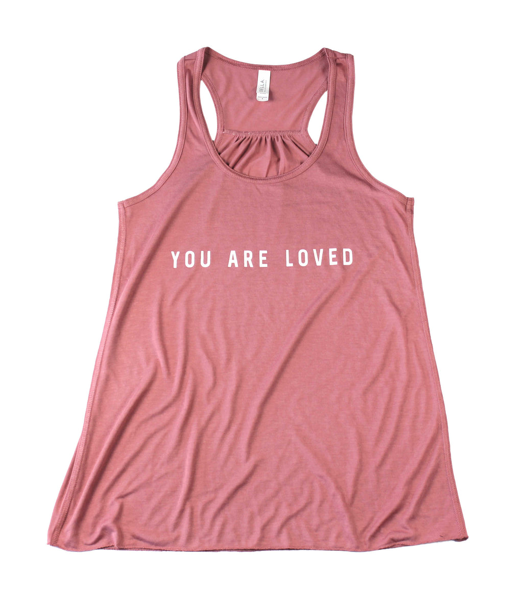 YOU ARE LOVED MAUVE WOMEN'S FLOWY RACERBACK TANK