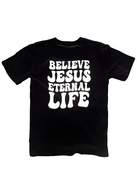 BELIEVE JESUS ETERNAL LIFE BLACK SLEEVE T-SHIRT