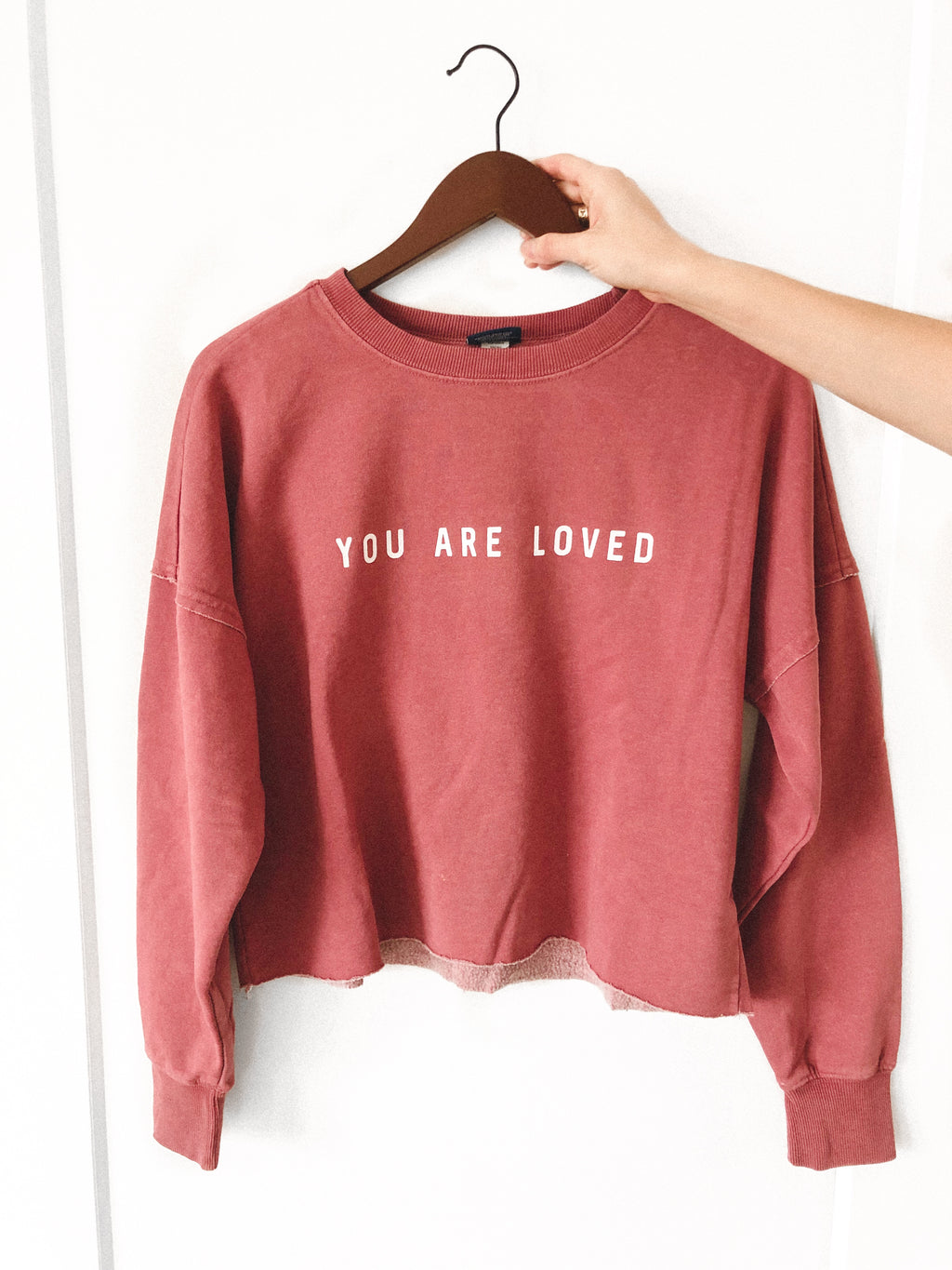 YOU ARE LOVED WASHED RED DISTRESSED BOXY SWEATSHIRT