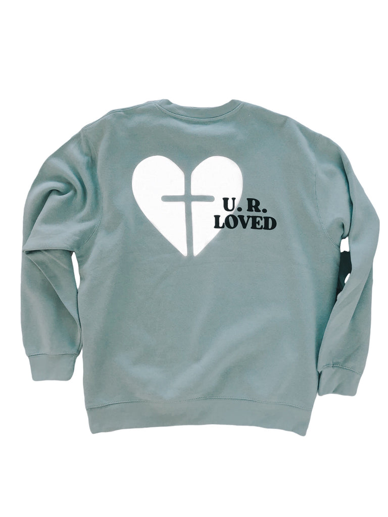 YOU ARE LOVED HEART VINTAGE SAGE CREW PULLOVER