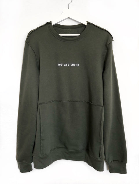 YOU ARE LOVED MILITARY GREEN CREW PULLOVER