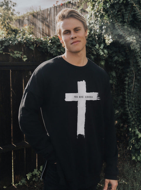 CROSS YOU ARE LOVED BLACK CREW NECK SWEATSHIRT WITH SIDE ZIPPERS