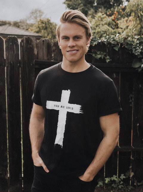CROSS YOU ARE LOVED BLACK ROLLED SLEEVE T-SHIRT