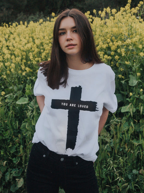 CROSS YOU ARE LOVED WHITE ROLLED SLEEVE T-SHIRT