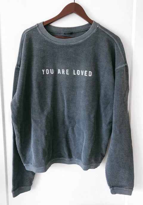 YOU ARE LOVED DENIM CORDUROY PULLOVER