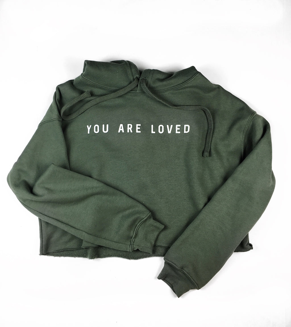 YOU ARE LOVED MILITARY GREEN CROPPED HOODIE