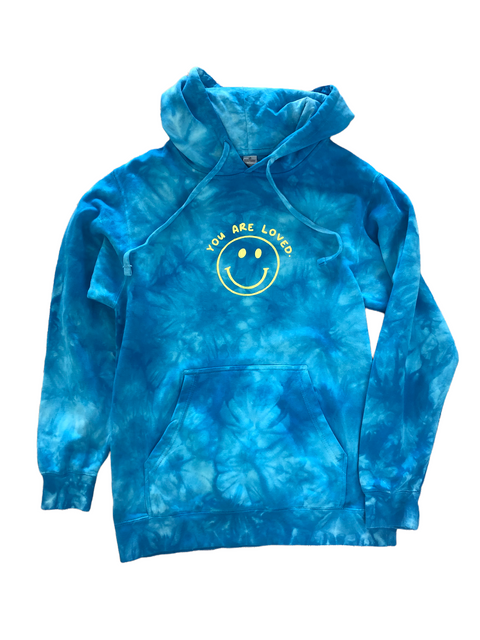 YOU ARE LOVED SMILEY FACE TIE DYE AQUA BLUE HOODIE