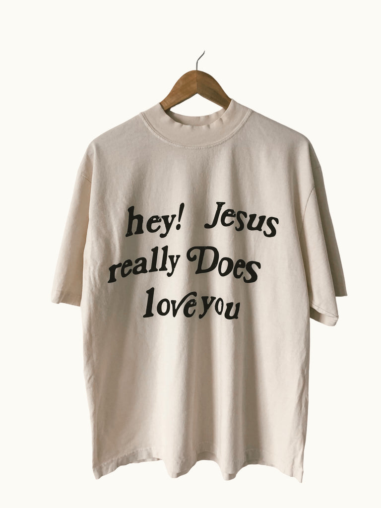 HEY! JESUS REALLY DOES LOVE YOU VINTAGE CREAM SLEEVE T-SHIRT