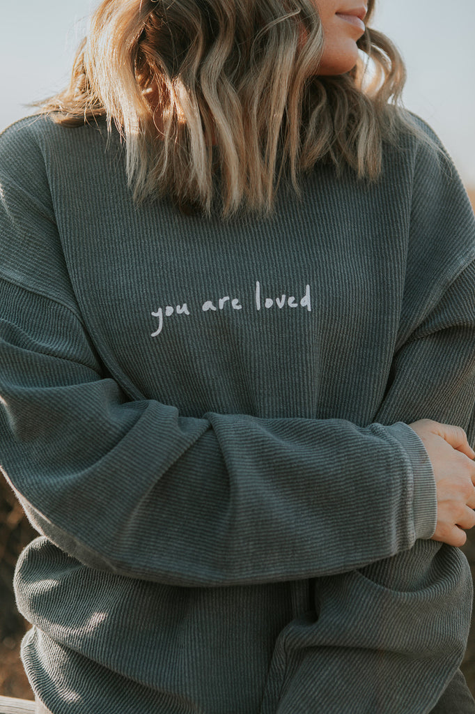 YOU ARE LOVED SLATE BLUE CORDUROY PULLOVER