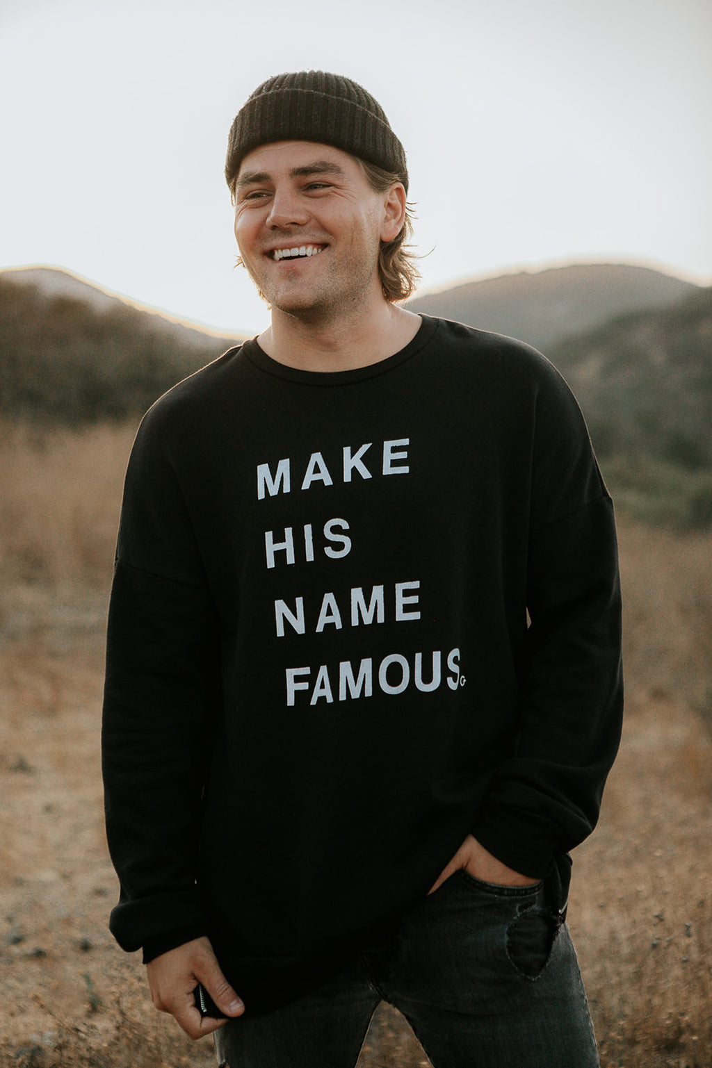 MAKE HIS NAME FAMOUS BLACK CREW NECK SWEATSHIRT WITH SIDE ZIPPERS