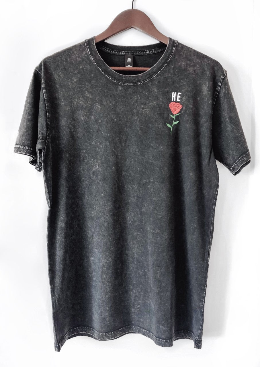 HE ROSE EMBROIDERED BLACK MINERAL WASH TEE