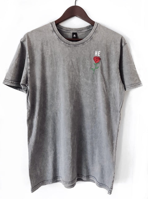 HE ROSE EMBROIDERED GREY MINERAL WASH TEE
