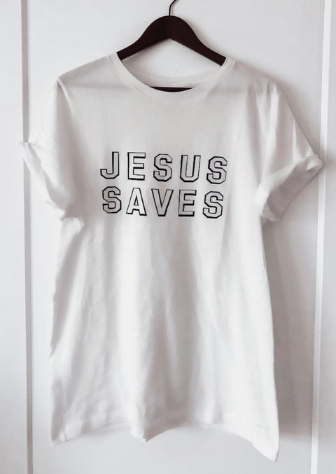 JESUS SAVES WHITE ROLLED SLEEVE T-SHIRT